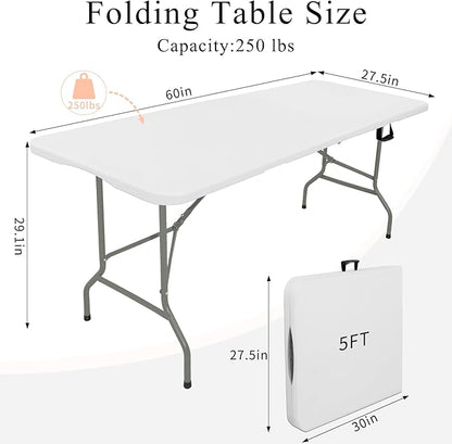 Folding Tables with Carrying Handle Lightweight Rectangular Portable Plastic Camping Table Steel Legs for Party, Dining, Wedding, Events, Picnic Indoor, Outdoor (5FT, White)