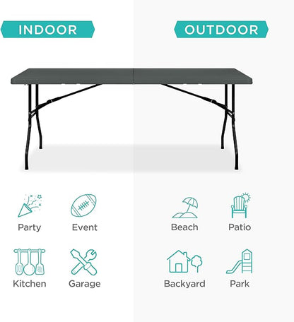 Best Choice Products 6ft Plastic Folding Table, Indoor Outdoor Heavy Duty Portable w/Handle, Lock for Picnic, Party, Camping - Dark Gray