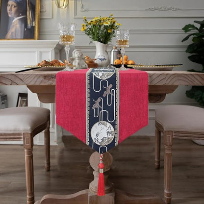 Embroidered Tassel Table Runner Chinese Style Landscape Painting Waterproof Cotton Linen Holiday Kitchen Dining Table Decoration for Home Party Decor 13x72 Inch (Rad)