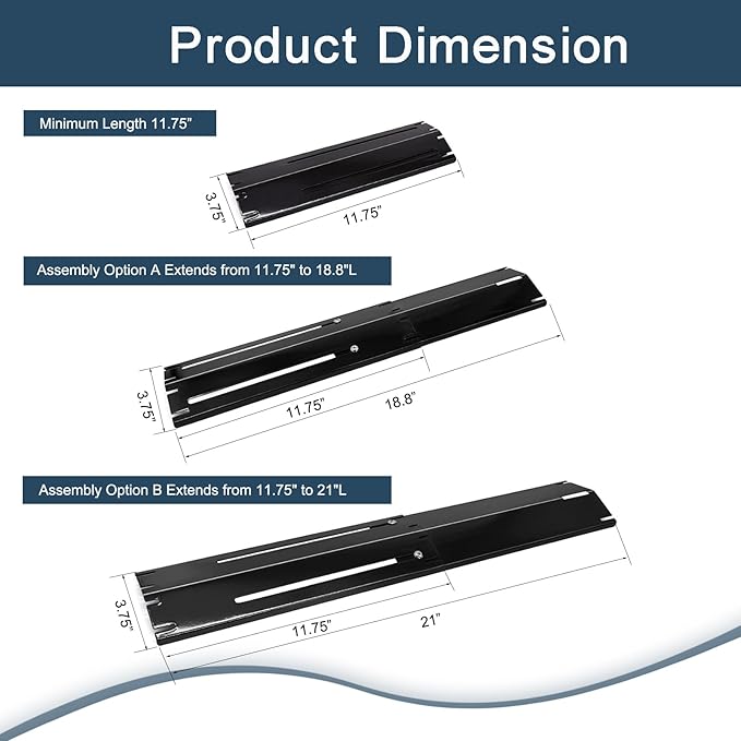 Universal replacement heavy duty adjustable heat plate shield,Burner cover,Flavorizer bar,heat Tent,Flamer tamer for gas grill models,Extends from 11.75"up to 21"L (Porcelain Steel, 5 Pack)
