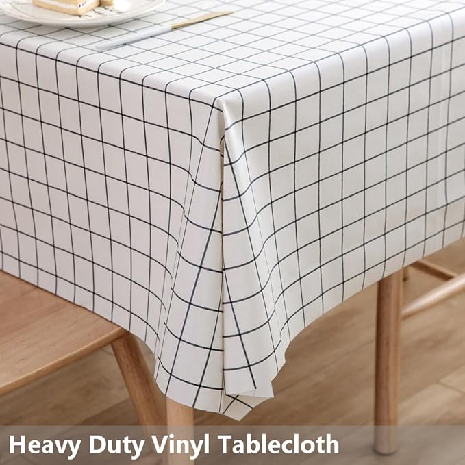 TruDelve Heavy Duty Vinyl Table Cloth Plastic Tablecloths for Kitchen Dining Tables Wipeable PVC Waterproof Tablecloth for Rectangle Table (54'' x 108', White Plaid)
