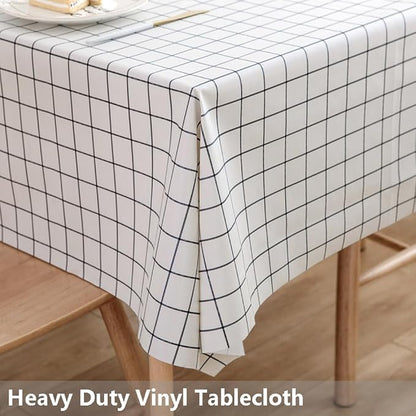 TruDelve Heavy Duty Vinyl Table Cloth Plastic Tablecloths for Kitchen Dining Tables Wipeable PVC Waterproof Tablecloth for Square Table (54'' x 54'', White Plaid)