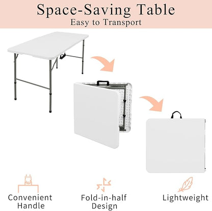 Folding Tables with Carrying Handle Lightweight Rectangular Portable Plastic Camping Table Steel Legs for Party, Dining, Wedding, Events, Picnic Indoor, Outdoor (1, White, 4 FT)