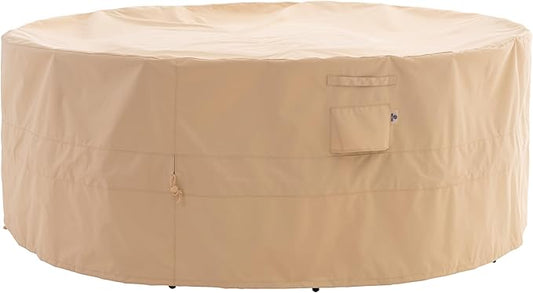 WJ-X3 Round Patio Furniture Cover, 110" D x 31" H, Waterproof, UV Resistant, Anti-Fading Outdoor Cover for Round Dining Table and Chairs Set, Beige