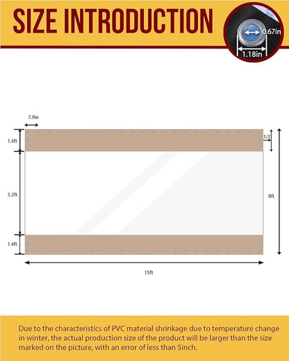FoundGo 8'Hx15'W Outdoor Vinyl Curtains for Patio,19oz Clear Vinyl Patio Enclosure,Heavy Duty Clear Tarps Waterproof Vinyl Tarp with Grommets for Pergola, Porch,Gazebos,Balcony,-4℉ Cold Resistant
