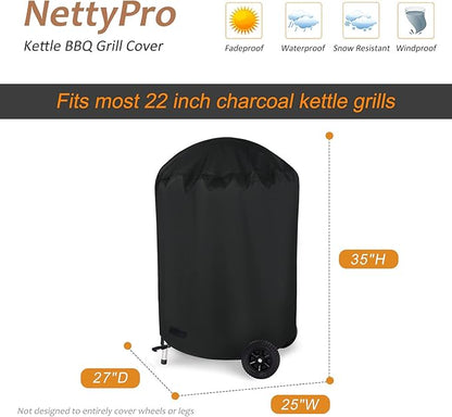 NettyPro Grill Cover for Charcoal Kettle Grill 22 inch, Heavy Duty Waterproof Outdoor Round Smoker Cover, 27" W x 25" D x 35" H, Black