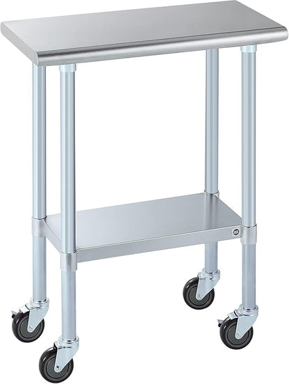 ROCKPOINT Stainless Steel Table for Prep & Work with Caster Wheels 14x30 Inches, NSF Metal Commercial Kitchen Heavy Duty Table with Adjustable Under Shelf and Table Foot for Restaurant, Home and Hotel