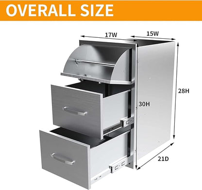 Outdoor Kitchen Stainless Steel Triple Access BBQ Drawers With Handle For BBQ Island Patio Grill Station,Three Drawers
