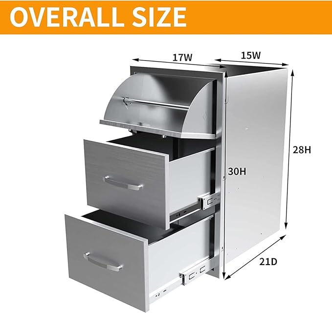 Outdoor Kitchen Drawers, Flush Mount Triple Access BBQ Drawers With Stainless Steel Handle, BBQ Island For BBQ Island Patio Grill Station,Three Drawers
