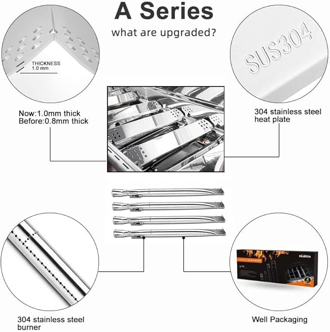 Hisencn 304 Stainless Steel Grill Parts for Home Depot Nexgrill 720-0830H, 5 Burner 720-0888 720-0888N 720-0888S Gas Grill, Grill Burner, Heat Plate, Cooking Grates Parts, 13 x 17
