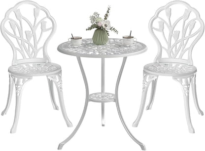 Outdoor Bistro Table and Chairs Set of 2, 3 Piece Patio Bistro Set w/Umbrella Hole, Rust-Resistant Cast Aluminum Bistro Set for Garden/Balcony/Backyard, White