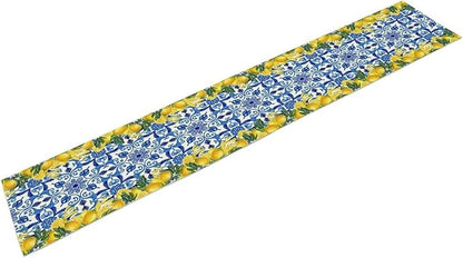 Blue Lemon Table Runner, Italy Tile Yellow Lemon Fruit Table Runners for Farmhouse Coffee Home Kitchen Dining Party Patio Indoor Outdoor 13x120in