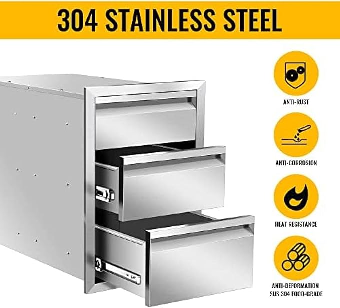 Outdoor Kitchen Drawers, Box Frame Style Flush Mount BBQ Drawer w/Stainless Steel Handle, BBQ Island Drawers For Patio Grill Station,Three Drawers