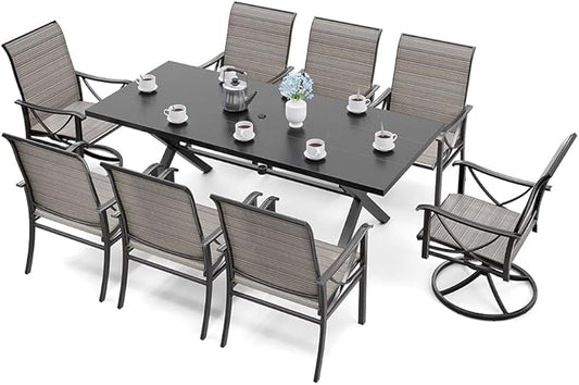 Kurapika 9-Piece Patio Dining Set, Outdoor Large Table with Umbrella Hole, 6 Stationary Chairs and 2 Swivel/Rocking Chairs, Patio Furniture Set for Garden, Deck, Porch, Pool All Weather, Brown