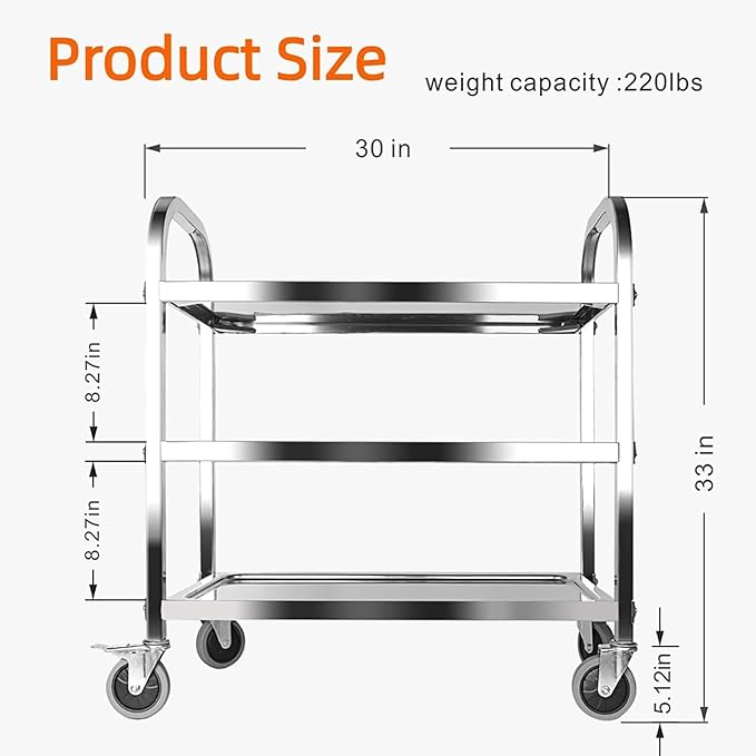 Nisorpa 3 Tier Stainless Steel Utility Cart L30 x W16 x H33 Inch Kitchen Rolling Carts with Wheels Serving Trolley Catering Storage Shelf with 2 Lockable Wheels for Hotel Restaurant Home Use