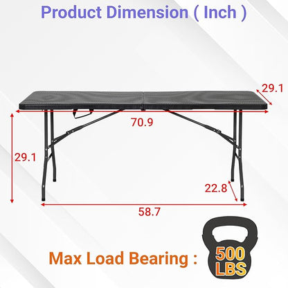 FDW 6FT Folding Table, Portable Fold-in-Half Plastic Picnic Party Table with Carrying Handle （Black Ratten, 6FT）