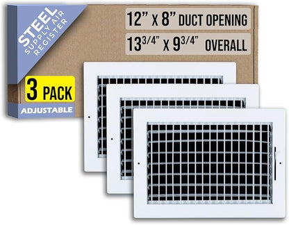 [3 Pack] Fits 12x8 Duct Opening Steel Adjustable Air Supply Grille by Handua | Register Vent Cover Grill for Sidewall and Ceiling | White | Out. Dim.: 13.75" X 9.75"