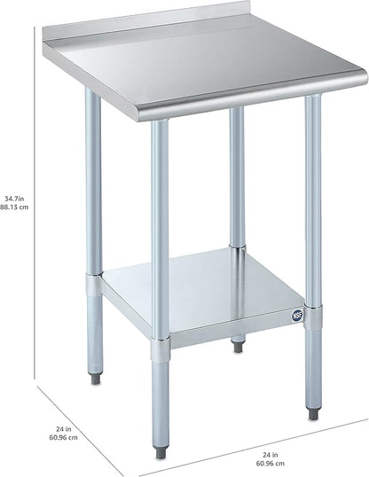 ROCKPOINT Stainless Steel Table for Prep & Work with Backsplash 24x24 Inches, NSF Metal Commercial Kitchen Heavy Duty Table with Adjustable Under Shelf and Table Foot for Restaurant, Home and Hotel