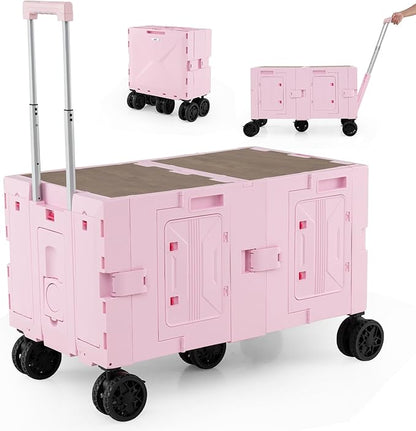 Goplus Large Foldable Utility Cart w/ 2-Tier Storage Crates, 5 Rotate Wheels, Metal Telescoping Handle, Portable Rolling Trolley Collapsible Cart for Grocery Shopping Camping & Travel
