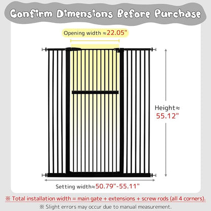 Lumizone Extra Tall Pet Gate 55.12" High Pressure Mounted 50.79"-55.11" Extra Wide (9 Sizes) 1.37" Gap for Cat Dog Stairs Doorway Hallway No Drilling Auto-Close (50.79"-55.11" W, Black)