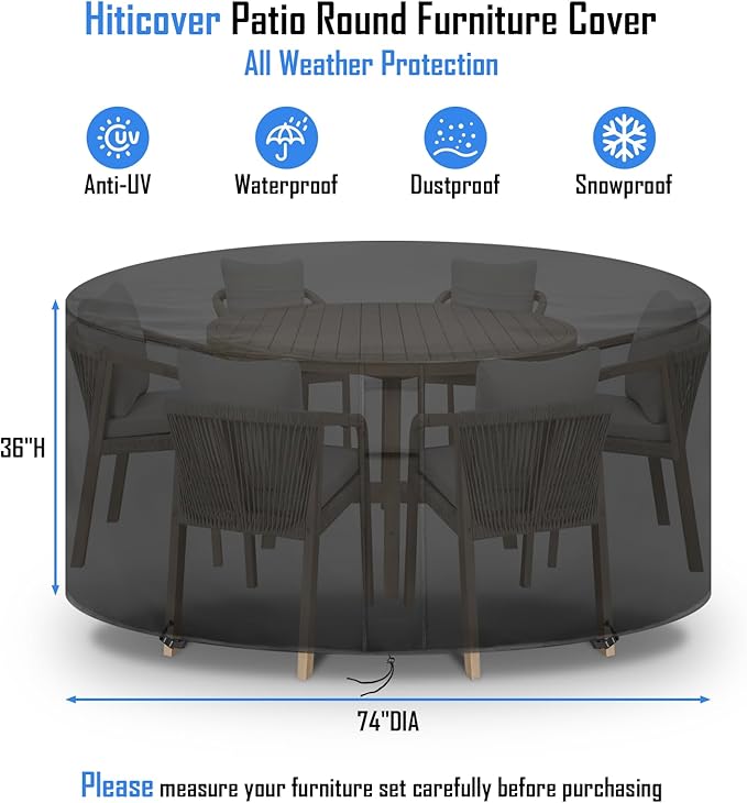 Round Patio Furniture Covers Waterproof, 74 Inch Outdoor High Round Table Cover, Tall Bar Height Outside Table and Chairs Set Covers for Winter, Rainproof Fadeproof - 74" Dia x 36" H