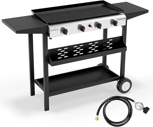 ROVSUN 4 Burner Portable Propane Griddle with Electronic Ignition, 40000 BTU Rolling Flat Top Gas Grill with Nonstick Enameled Tray, Side Shelves & Regulator for Outdoor Cooking Camping BBQ Tailgating