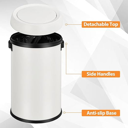GarveeHome 17 gal/65 L Swing Top Trash Can, Stainless Steel Rubbish Bin, Commercial Grade Waste Container, Round Garbage Can for Outdoor, Home Office, Restaurant, White