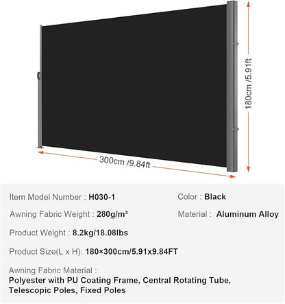 VEVOR Retractable Side Awning, UV 50 118" x 71" Retractable Patio Screen Waterproof, 280 g Thicken Folding Room Divider Wind Screen for Privacy, Garden, Outdoor, Patio and Terrace, Black