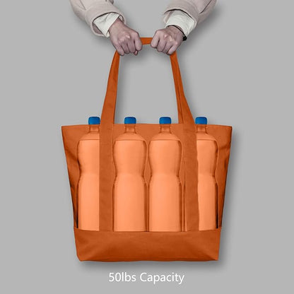 TOPDesign 1-Pack Canvas Tote Bags with an External Pocket, Reusable Grocery Shopping Bags, Top Zipper Closure, Daily Essentials (Orange)