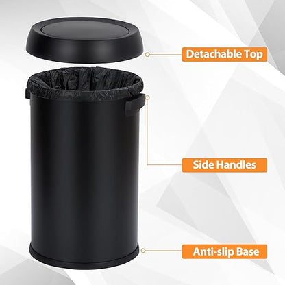 GarveeHome 17 gal/65 L Swing Top Trash Can, Stainless Steel Rubbish Bin, Commercial Grade Waste Container, Round Garbage Can for Outdoor, Home Office, Restaurant, Black