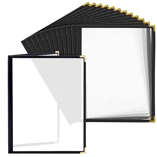 Juvale Clear Menu Covers 8x11 in 4 View - 12-Pack, Letter Size Black PU Leather - Double Panel Clear Sleeves & Gold Metal Corners - Menu Holders for Restaurants & Bars
