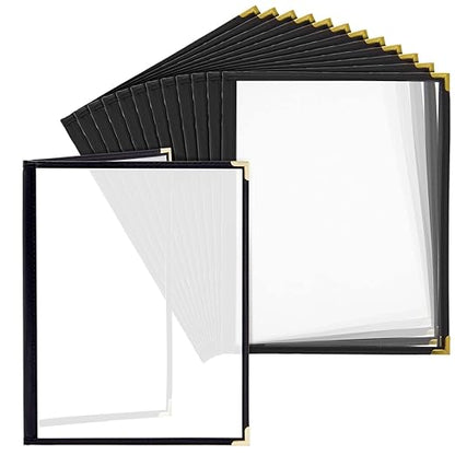 Juvale Clear Menu Covers 8x11 in 4 View - 12-Pack, Letter Size Black PU Leather - Double Panel Clear Sleeves & Gold Metal Corners - Menu Holders for Restaurants & Bars