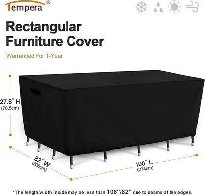 Tempera Retangle Patio Furniture Cover,Outdoor Table Covers Waterproof, Outdoor Dining Set Cover,Heavy Duty Deck Patio Furniture Covers,108''L x 82''W x 27.8''H,Black