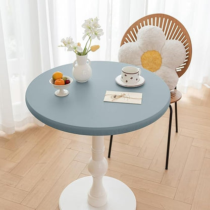 Round Fitted PU Tablecloth with High Elastic Edge 63 Inch Dia Waterproof Oil Proof Table Cloth Anti-Scald Stain-Resistant Wipeable Table Cover for Indoor Outdoor Picnic (Blue,63" Dia)