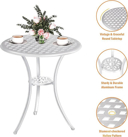 3 Piece Patio Bistro Set, Outdoor Bistro Table and Chairs Set of 2 w/Umbrella Hole, Rust-Resistant Cast Aluminum Bistro Set for Garden/Balcony/Backyard, White