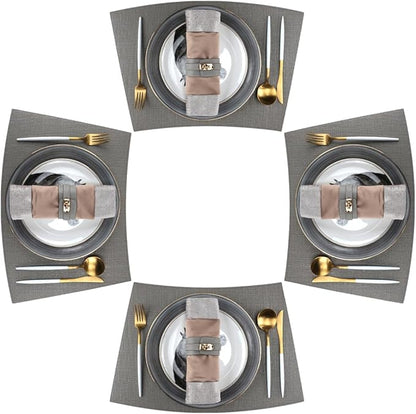 Faux Leather Waterproof Placemats Set of 4, Heat Resistant Reversible PU Place Mats, Dining Table Mats for Indoor Outdoor (Round Table, Grey)