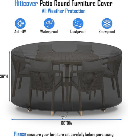 Round Patio Furniture Covers Waterproof, 80 Inch Outdoor High Round Table Cover, Tall Bar Height Outside Table and Chairs Set Covers for Winter, Rainproof Fadeproof - 80" Dia x 36" H