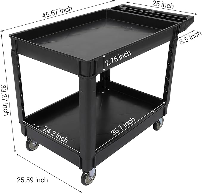 Service Cart 2-Shelf, Storage Handle, 500 lbs Capacity, for Warehouse/Garage/Cleaning/Manufacturing，45"X25" Black