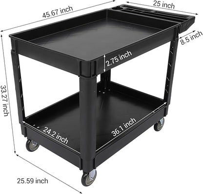 Service Cart 2-Shelf, Storage Handle, 500 lbs Capacity, for Warehouse/Garage/Cleaning/Manufacturing，45"X25" Black