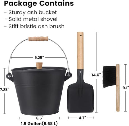 GameXcel Ash Bucket with Lid and Shovel Hand Broom - 1.5 Gallon Galvanized Iron Metal Fireplace Tools Ash Pail for Fire Places Fire Pits Wood Burning Stoves Hearth Accessories Indoor Outdoor, Black