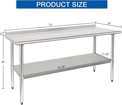 HARDURA Stainless Steel Table Prep & Work Table 24 x 72 Inches NSF Heavy Duty Commercial with Undershelf and Backsplash for Restaurant Kitchen Home and Hotel