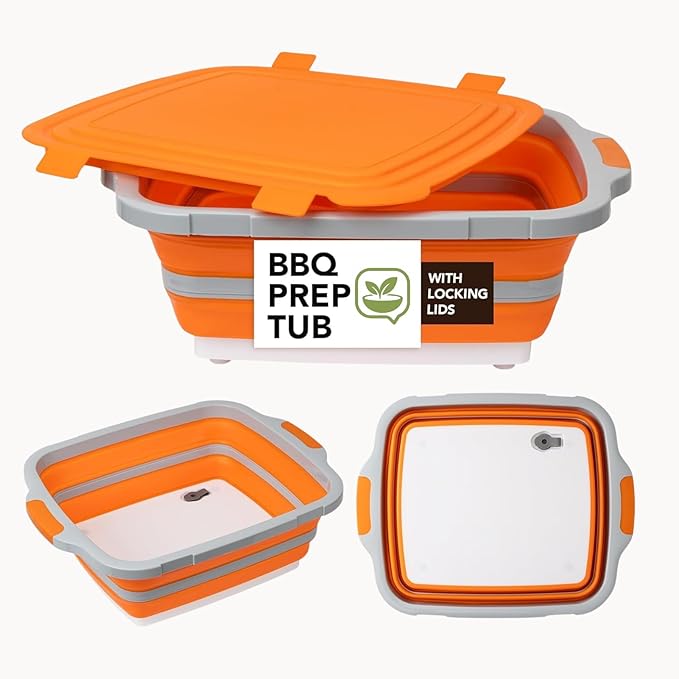 16L Orange Collapsible BBQ Prep Tub with Locking Lids & 21 Inch Oxford Black BBQ Blanket for Resting Meat