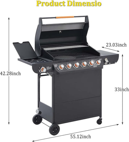 Unovivy Large 6-Burner Propane Gas Grill with Side Burner & Porcelain-Enameled Cast Iron Grates, BBQ Grills with Built-in Thermometer, 72,000 BTU Barbecue Grill, Oil Tray, Outdoor Patio Garden