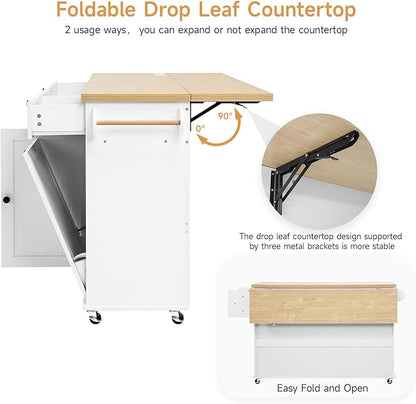 60" Kitchen Island with Power Outlet & Drop Leaf, Kitchen Rolling Island with Spice Rack & Towel Rack, Knife Holder, Kitchen Island Cart with Trash Storage Cabinet, Mobile Island Table for Kitchen