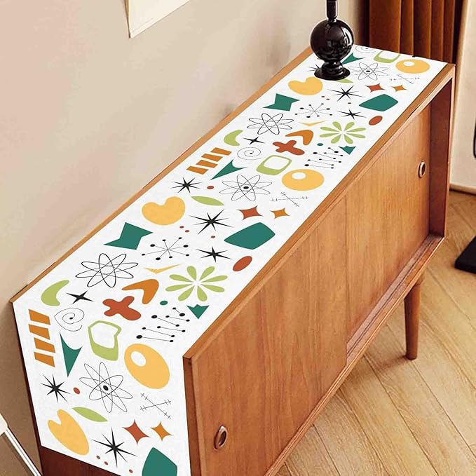 Mid Century Table Runner, Retro 1950s Atomic Pattern Modern Abstract Geometric Coffee Table Center Decor for Home Kitchen Dining Patio Holiday Party Indoor Outdoor Table Decorations, 13"x90" Inch