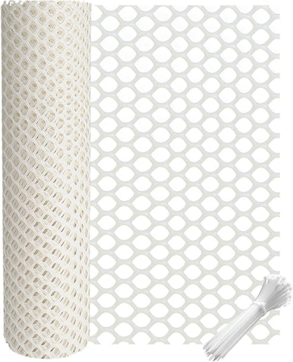 vensovo Plastic Wire Mesh 16IN x 10FT Roll -White Chicken Wire Fencing for Poultry, Gardening Barrier, Balcony Guard for Cats and Dogs, Floral Craft Mesh with 20 Zip Ties