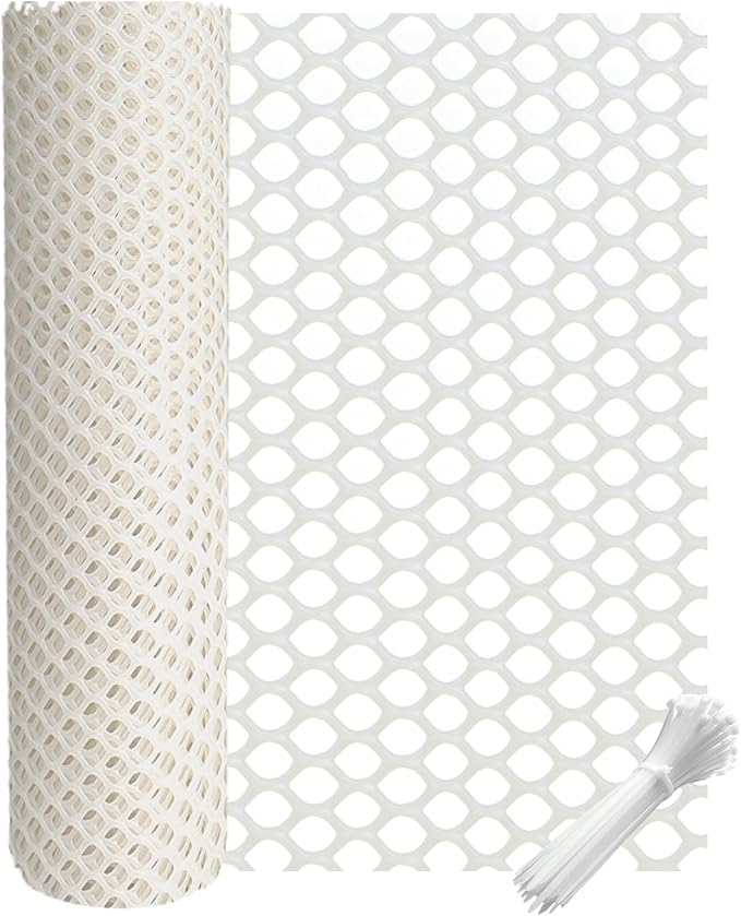 vensovo Plastic Wire Mesh 16IN x 33FT Roll -White Chicken Wire Fencing for Poultry, Gardening Barrier, Balcony Guard for Cats and Dogs, Floral Craft Mesh with 60 Zip Ties