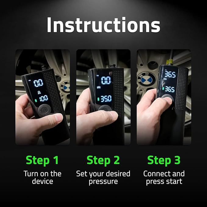 Airmoto Tire Inflator Portable Air Compressor - Air Pump For Car Tires with Digital Pressure Gauge, LED Light and Auto Shut-Off Function - Cordless Pump for Car, Motorcycle, Bicycle, Ball