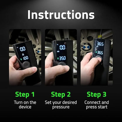 Airmoto Tire Inflator Portable Air Compressor - Air Pump For Car Tires with Digital Pressure Gauge, LED Light and Auto Shut-Off Function - Cordless Pump for Car, Motorcycle, Bicycle, Ball