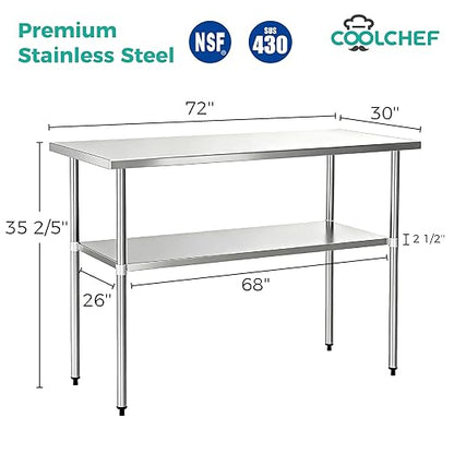 Stainless Steel Work Table 30 x 72 Inch, NSF Commercial Prep Table with Undershelf, Heavy Duty Food Prep Workstation